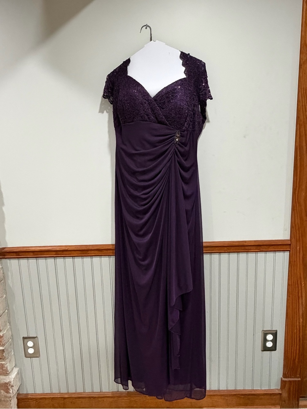 Betsy & Adam Plum Lace-Top Chiffon Maxi Dress